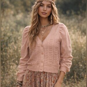 Philosophy Tan Knit Puff Sleeve Cardigan